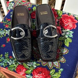 Stuart Weitzman Black Patent Leather Mules